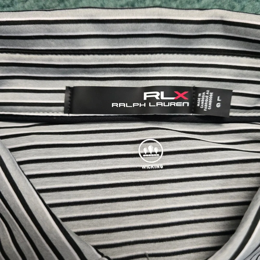 RLX Ralph Lauren Men's Size Large Performance Golf Polo Shirt Grey Black Striped